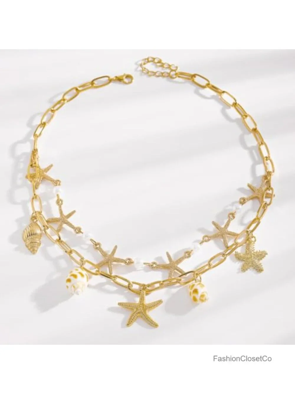 Layered Starfish Pendant Necklace Faux Pearls Beach Jewelry